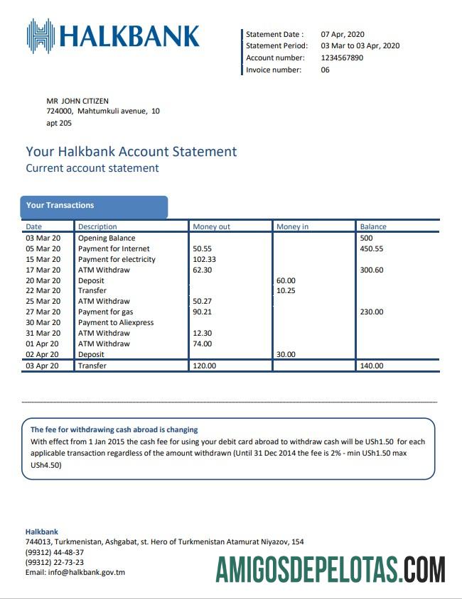Modelo de comprovante de endereço bancário do Turcomenistão Halkbank para download em formato Word e PDF, formato .doc e .pdf